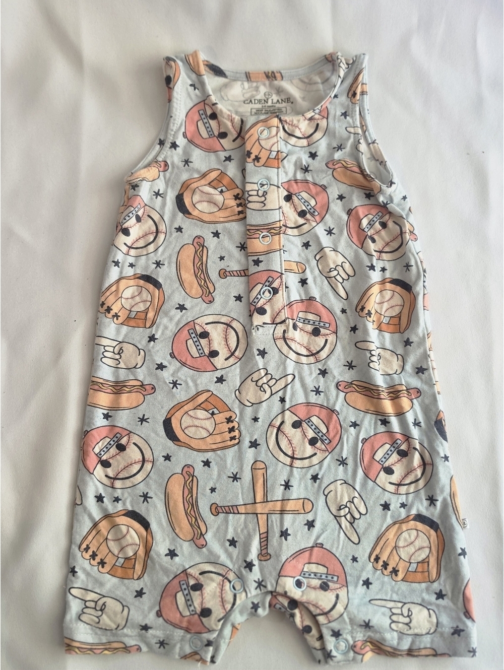 Caden Lane Gray Sleeveless Romper with Peach and Tan Sports Icons [COPY]